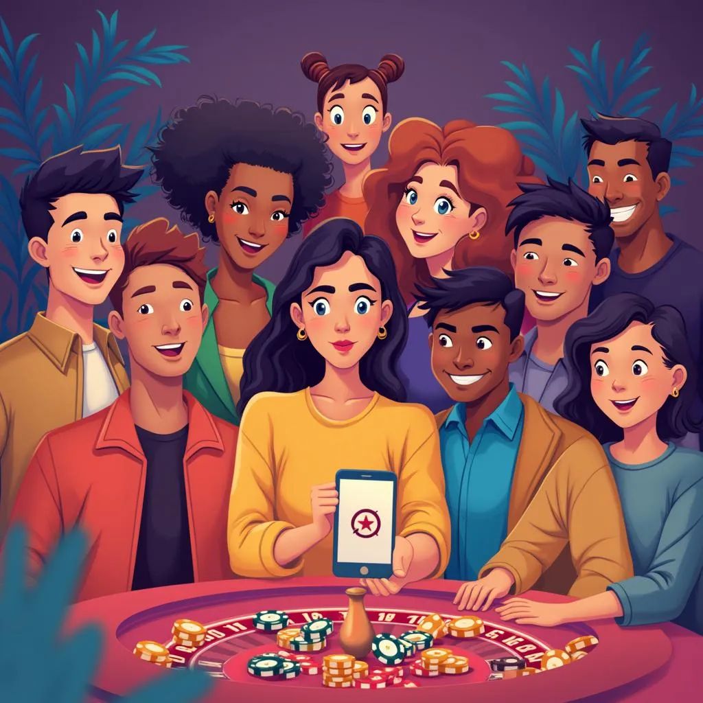 Diverse group of people enjoying social casino games on various devices